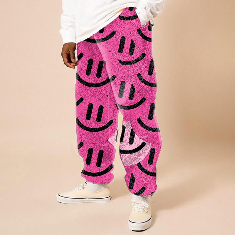 Pink Smiley Face Printed Flannel Casual Pants