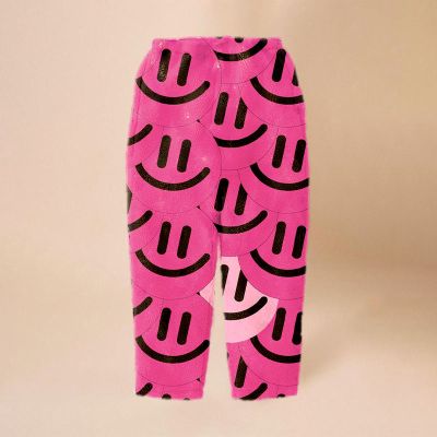 Pink Smiley Face Printed Flannel Casual Pants