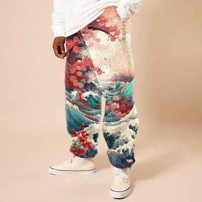 Ukiyoe Wave Print Flannel Casual Pants