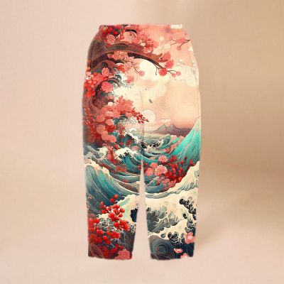 Ukiyoe Wave Print Flannel Casual Pants