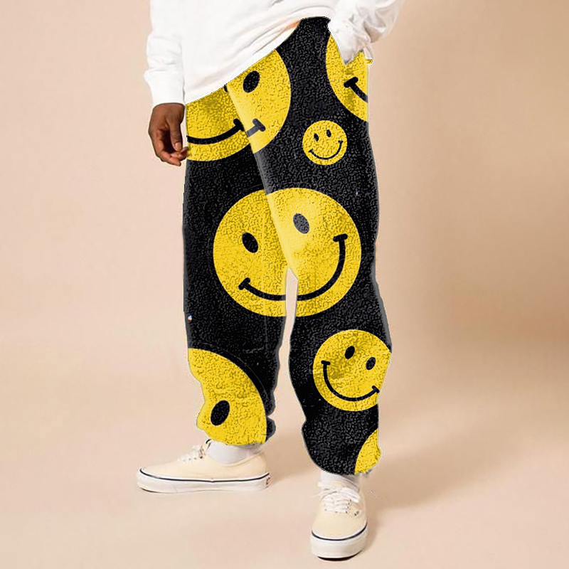 Smiley Face Print Flannel Track Pants