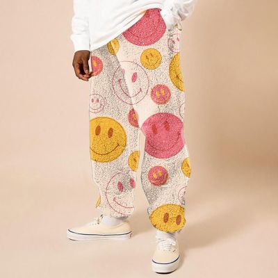 Smiley Face Print Flannel Track Pants