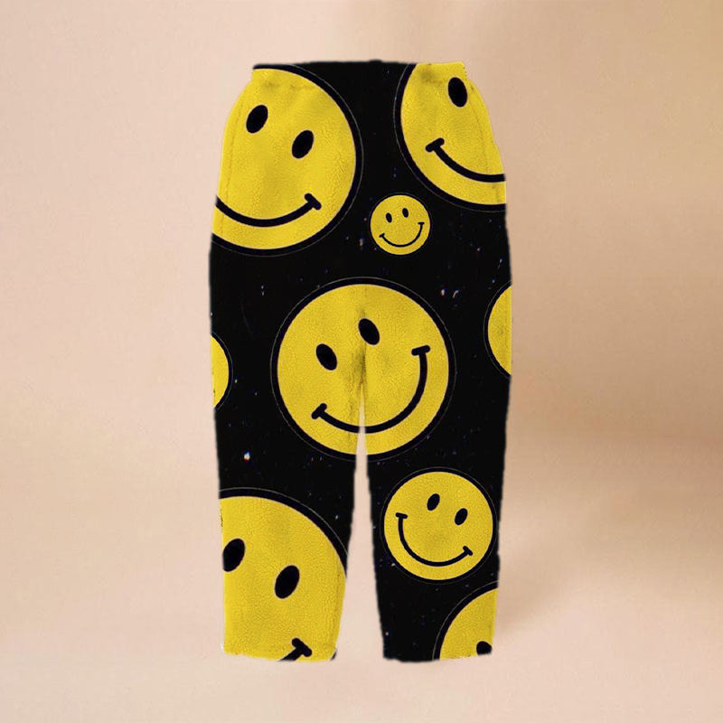 Smiley Face Print Flannel Track Pants