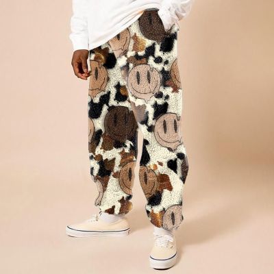 Cow Pattern Smiley Print Flannel Casual Pants