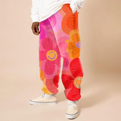 Cow Pattern Smiley Print Flannel Casual Pants