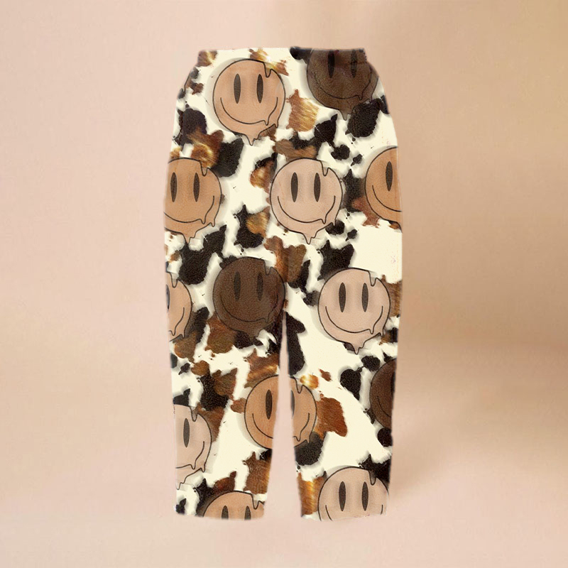 Cow Pattern Smiley Print Flannel Casual Pants