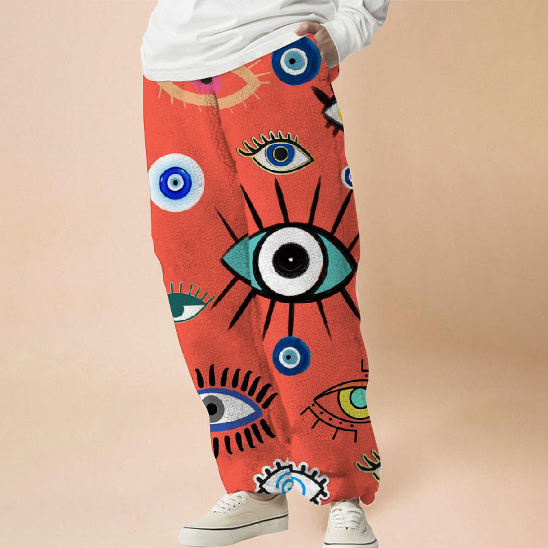 Illustrated Eye Print Flannel Track Pants