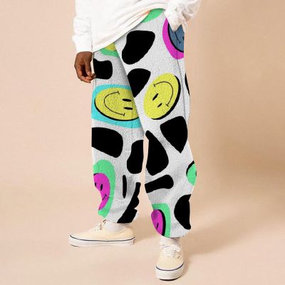 Smiley Face Print Flannel Sweatpants