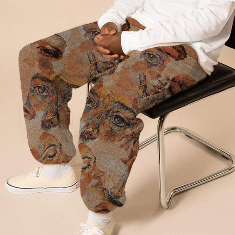 Brown Face Print Flannel Track Pants