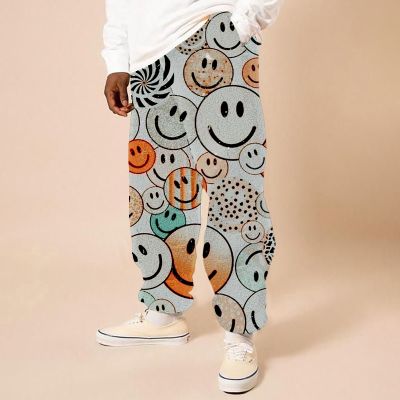 Colorful Smiley Print Flannel Casual Pants