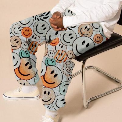 Colorful Smiley Print Flannel Casual Pants