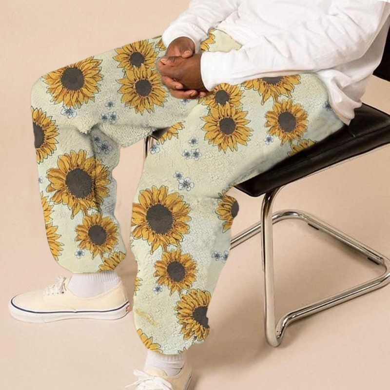 Sunflower Print Flannel Track Pants