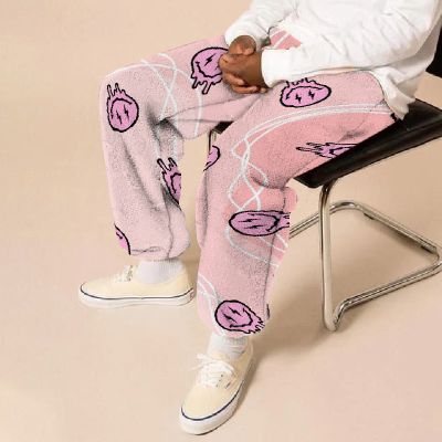 Pink Smiley Print Flannel Sweatpants