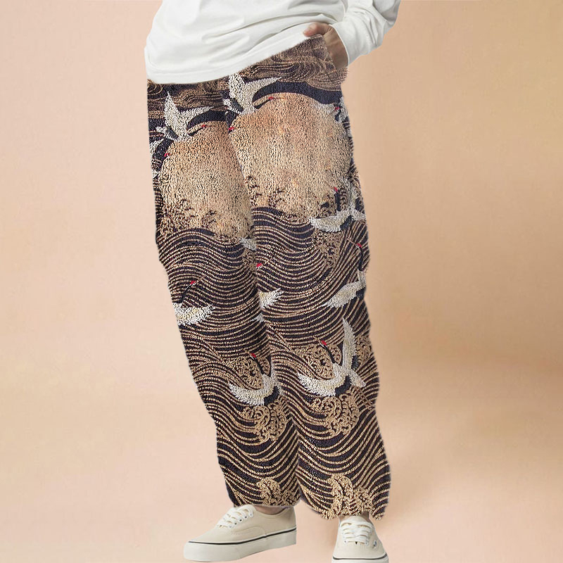 Ukiyoe White Crane Print Flannel Casual Pants