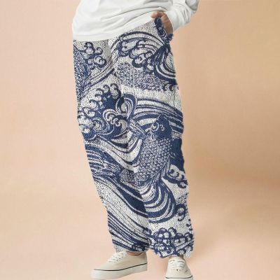 Ukiyoe White Crane Print Flannel Casual Pants