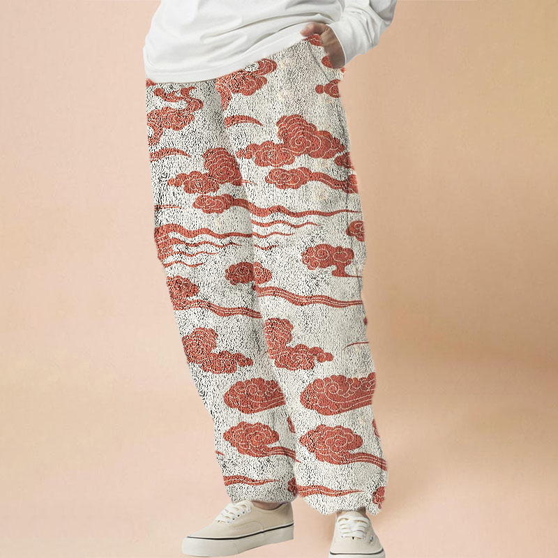 Ukiyoe White Crane Print Flannel Casual Pants