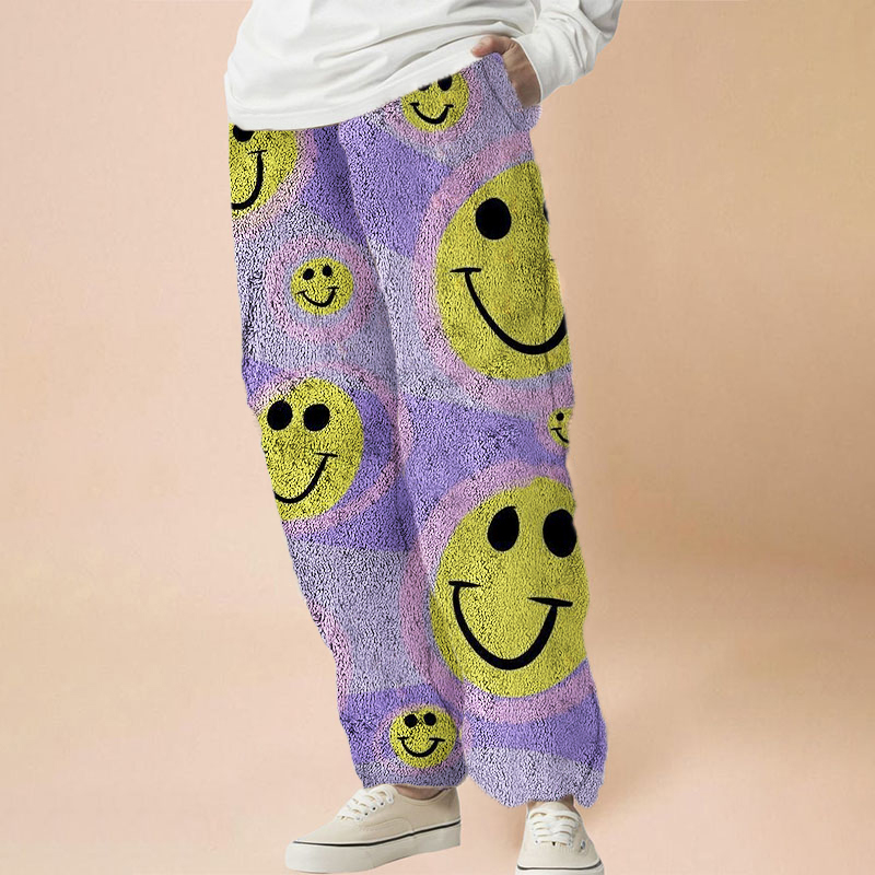 Gradient Smiley Print Flannel Casual Pants