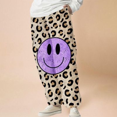 Gradient Smiley Print Flannel Casual Pants