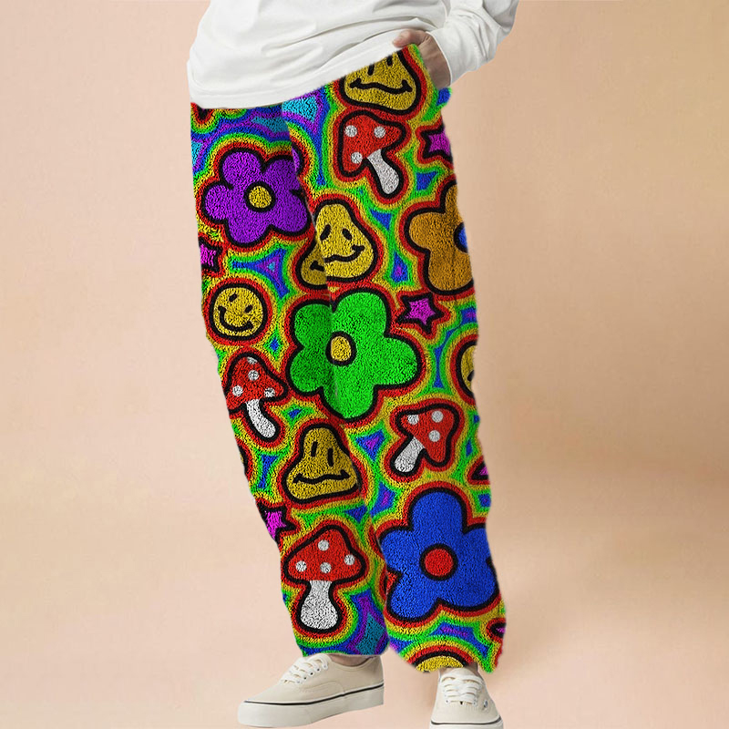 Gradient Smiley Print Flannel Casual Pants