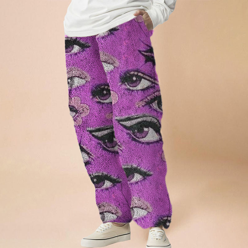 Mushroom Eye Print Flannel Casual Pants