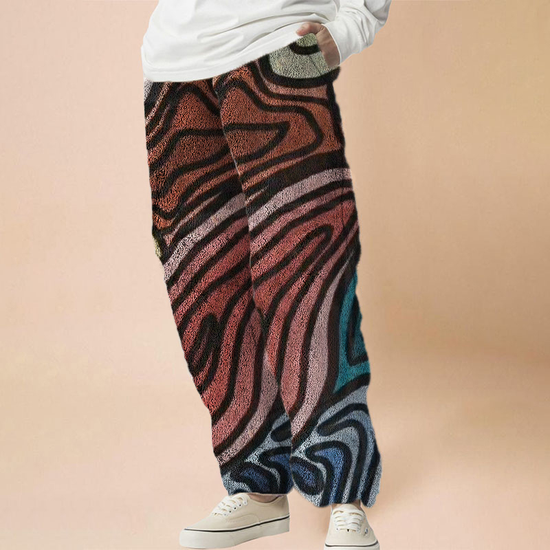 Contrast Line Print Flannel Casual Pants