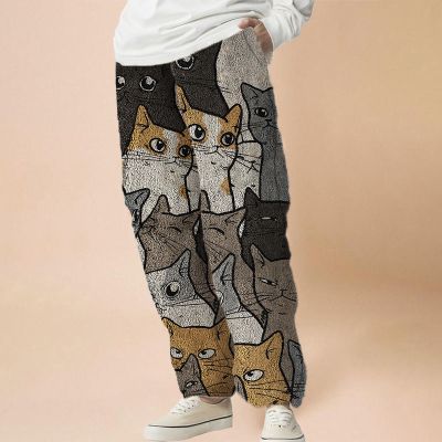 Cat Print Flannel Casual Pants