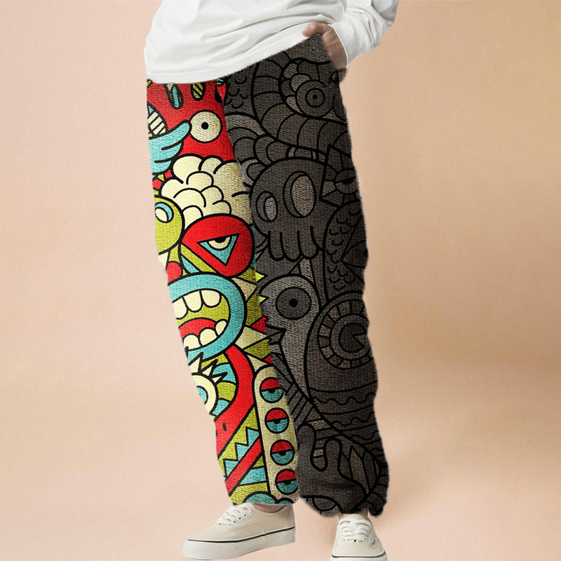 Flannel Christmas Graffiti Color Block Casual Pants