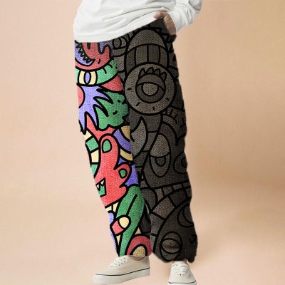 Flannel Christmas Graffiti Color Block Casual Pants