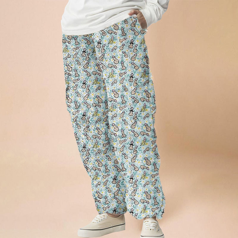 Cartoon Cocks Flannel Print Casual Pants