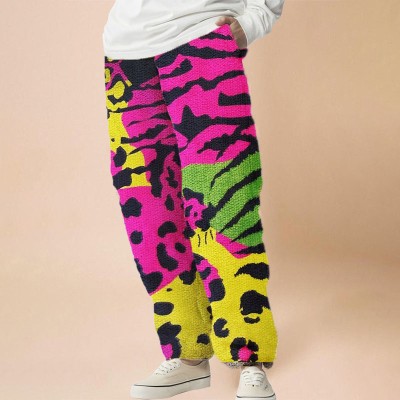 Zebra Print Color Block Flannel Casual Pants