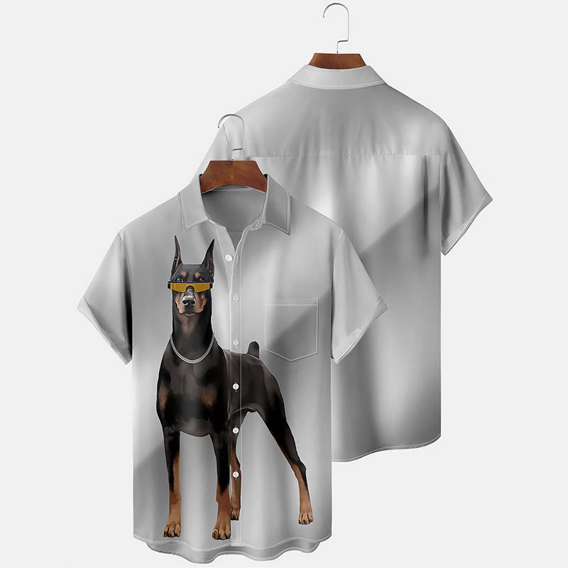 Dog Print Short Sleeve Lapel Shirt