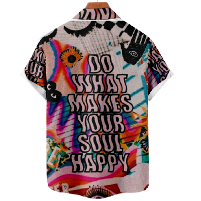 Colorful Print Letter Short Sleeve Lapel Shirt