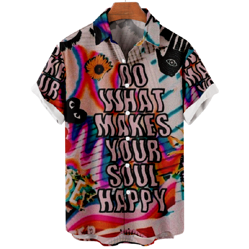 Colorful Print Letter Short Sleeve Lapel Shirt