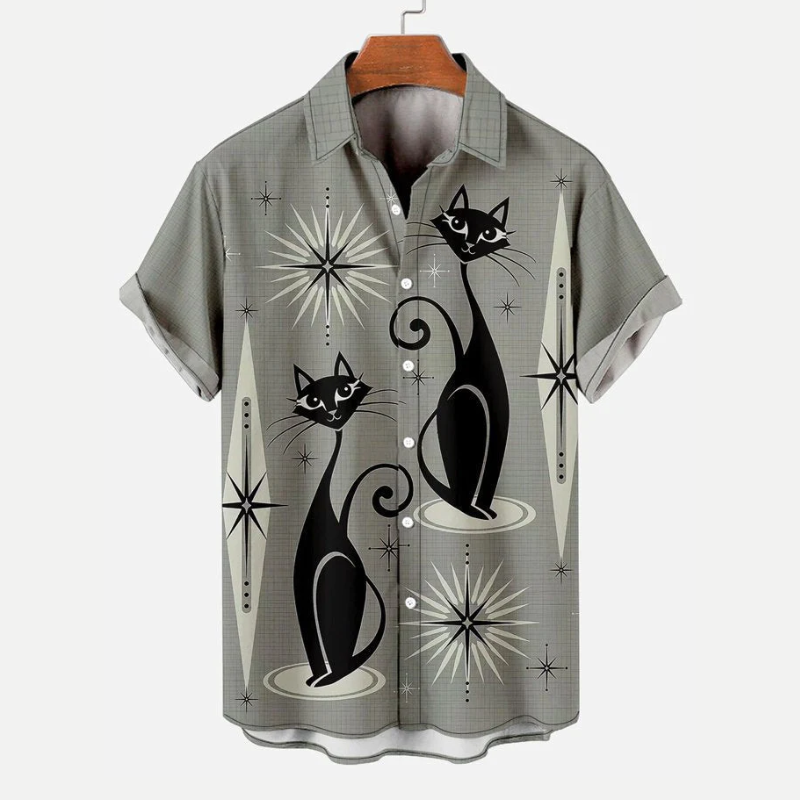 Cartoon Kitten Print Short-sleeve Shirt