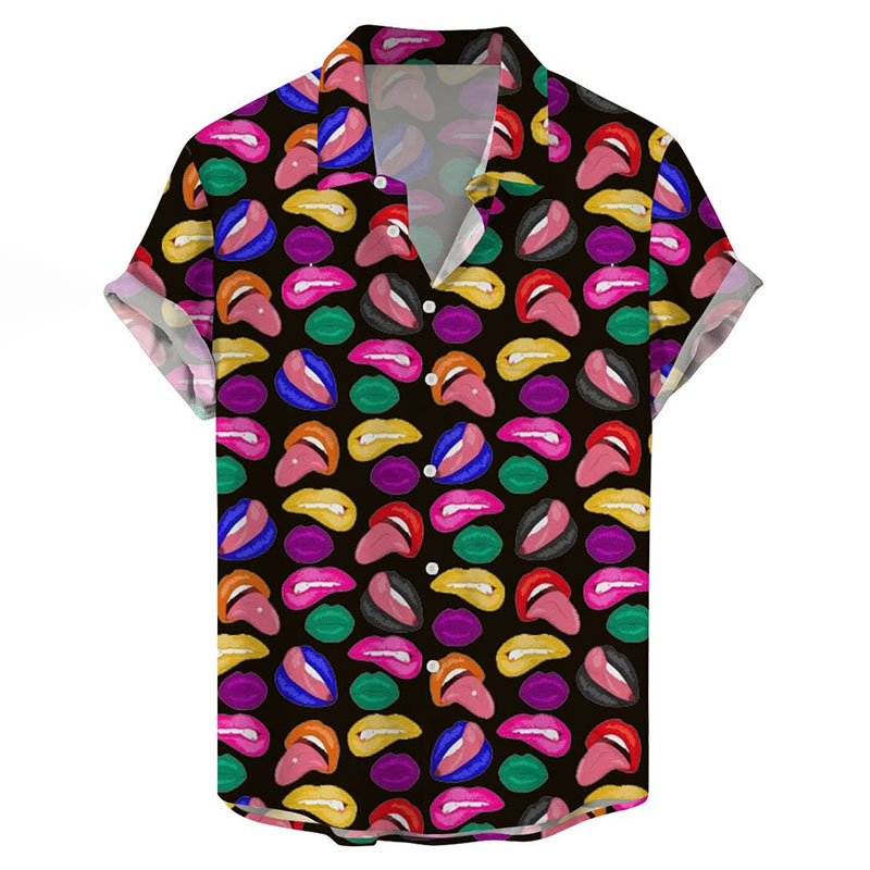 Fun Lips Print Casual Short Sleeve Shirt