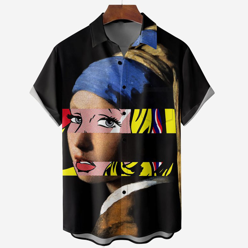 Girl with a Pearl Earring Comic Chest Pocket Short Sleeve Casual Shirt