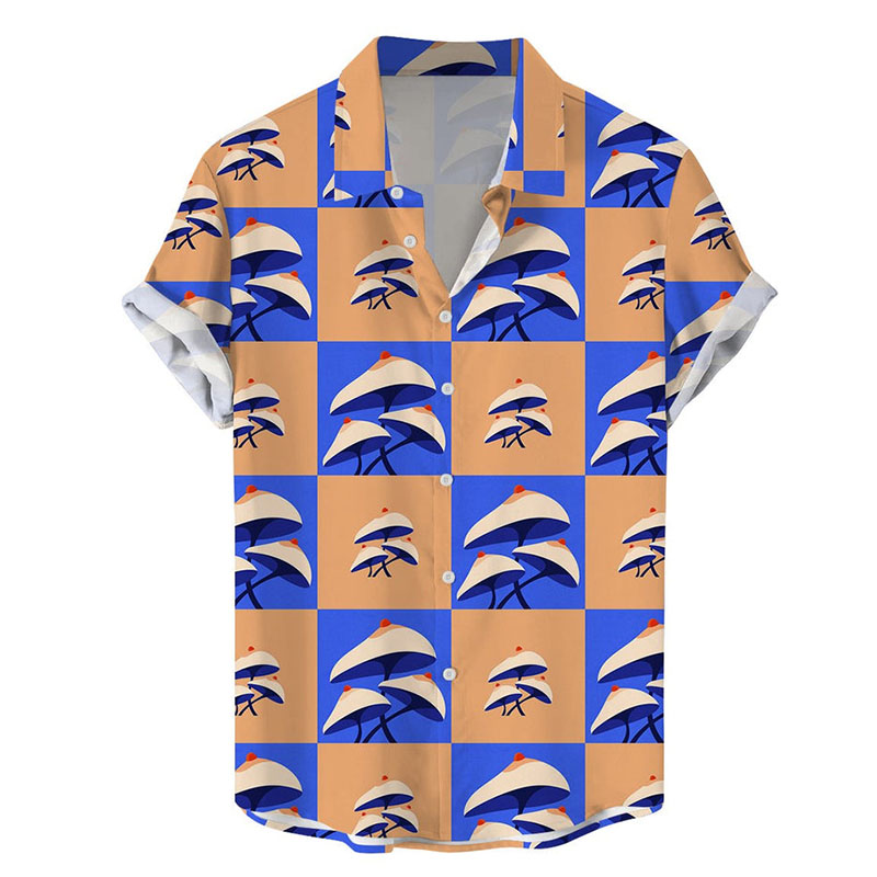 Mushroom Chest Check Print Casual Short Sleeve Shirt