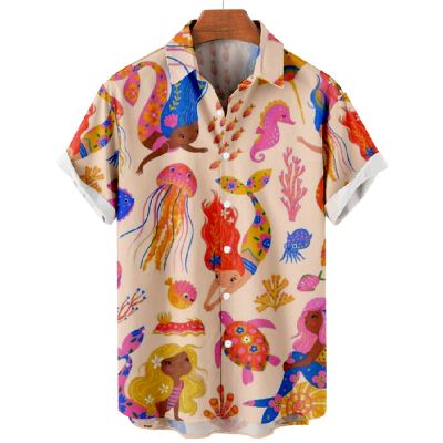 Mermaid Print Short Sleeve Lapel Shirt