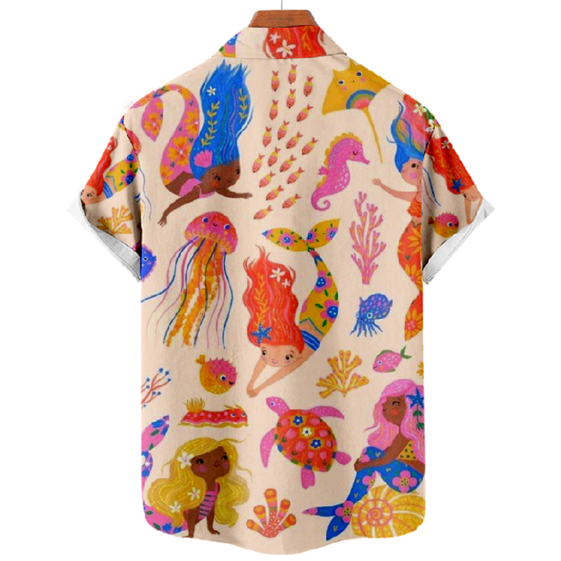 Mermaid Print Short Sleeve Lapel Shirt