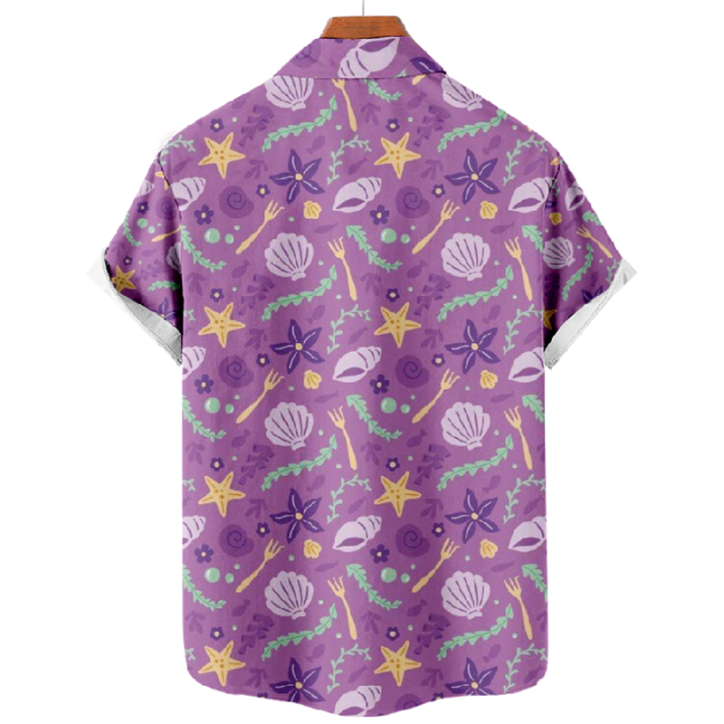 Mermaid Print Short Sleeve Lapel Shirt