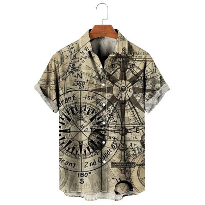 Steampunk Gold Compass Print Short Sleeve Hawaiian Shirt