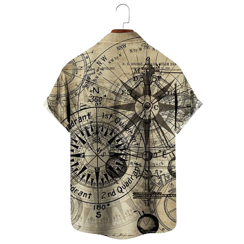 Steampunk Gold Compass Print Short Sleeve Hawaiian Shirt