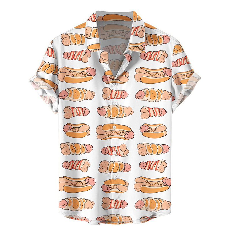 Men's Fun Cock Hot Dog Print Aloha Shirts