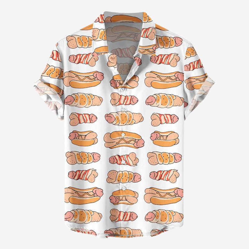 Men's Fun Cock Hot Dog Print Aloha Shirts
