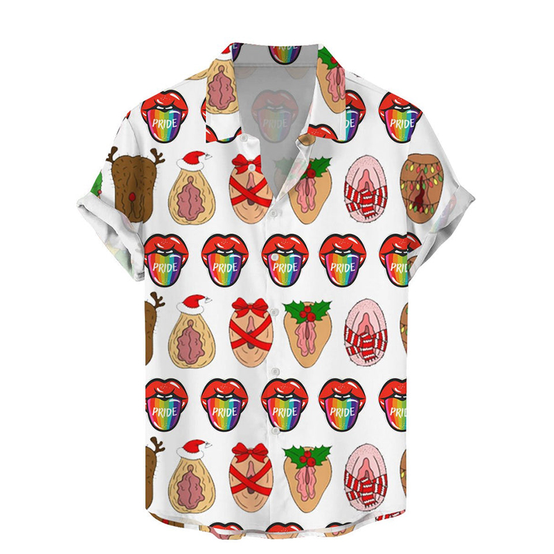 Fun Christmas Rooster Lips Print Casual Shirt