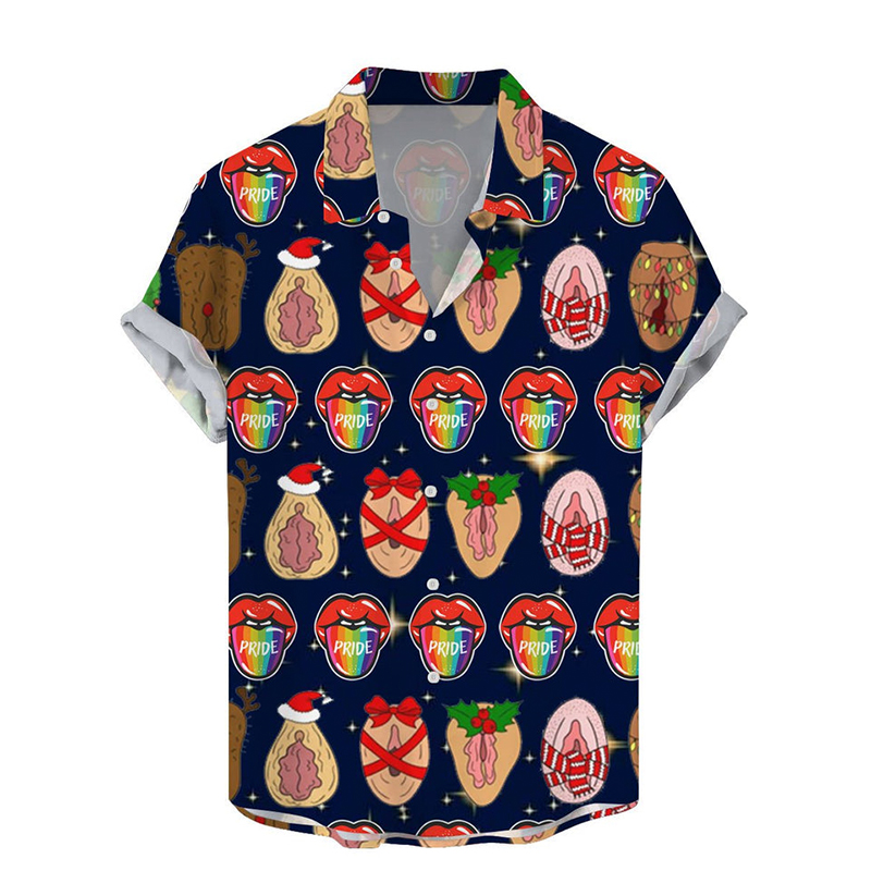 Fun Christmas Rooster Lips Print Casual Shirt