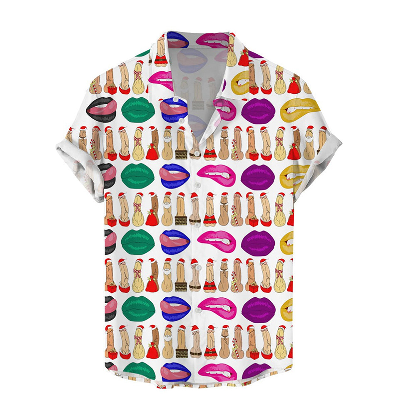 Fun Christmas Rooster Lips Print Casual Shirt