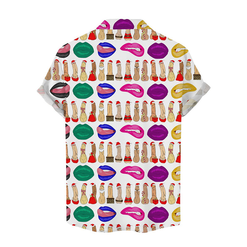 Fun Christmas Rooster Lips Print Casual Shirt