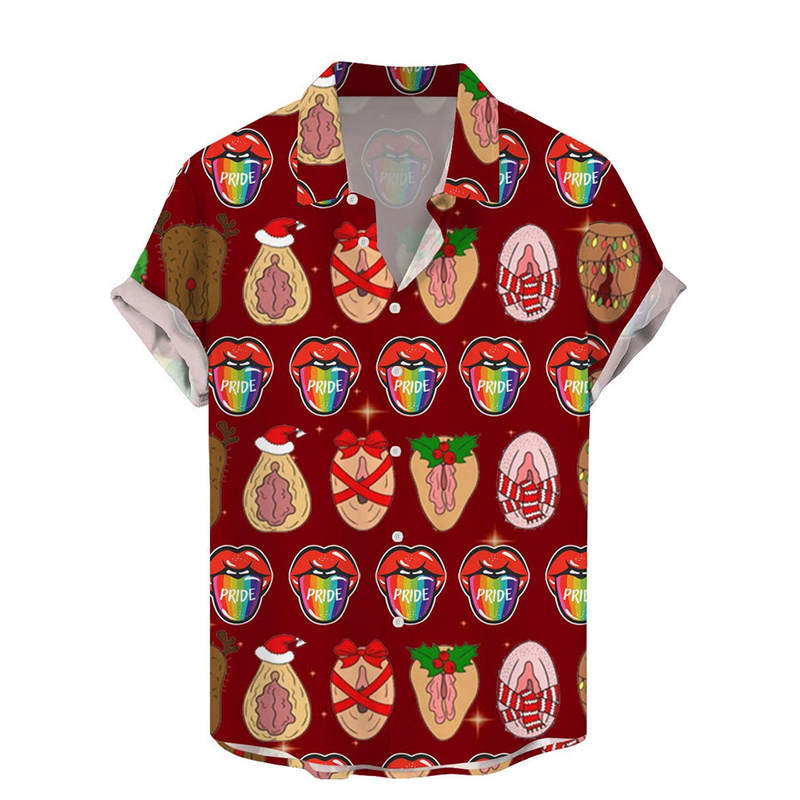 Fun Christmas Rooster Lips Print Casual Shirt