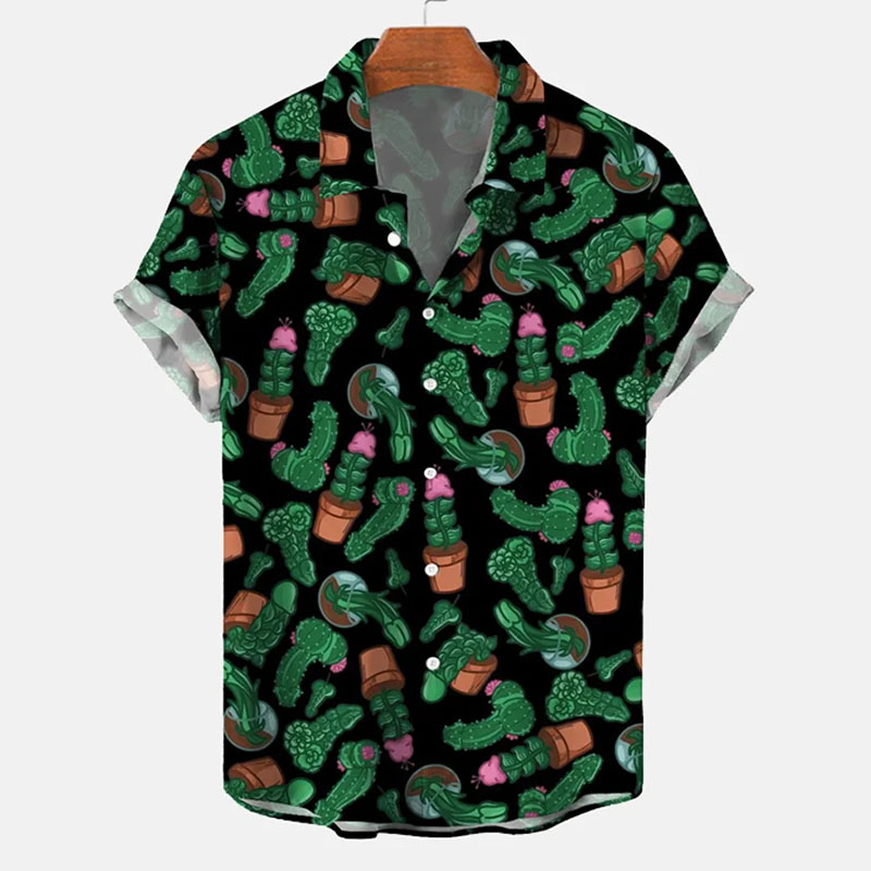 Hawaiian Shirt Fun Cactus Cocks Print Casu